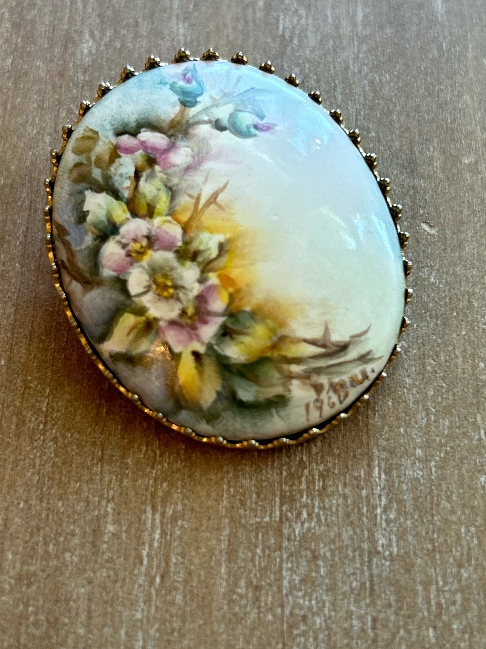 Vintage Hand-Painted Porcelain Floral Oval Brooch - White, Pink, Yellow